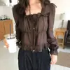 Ropa de mujer coreana Dongdaemun, blusa de gasa estilo francés coreano, dulce, juvenil, suave, con volantes y cintura ceñida