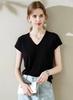 Producto Nuevo Transfronterizo Verano Seda de Morera Lyocell Tencel Camiseta de Manga Corta para Mujer Top Elegante Cuello en V Tejido de Punto Estilo Delgado