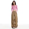 Calça de Trabalho Cáqui Estilo Americano para Mulheres, Nova Jeans Casual Retro de Perna Larga Reta Solta Flare com Múltiplos Bolsos