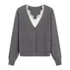Cardigan de Tricô Patchwork de Renda Sexy Falso Duas Peças Decote V Feminino 2026 Outono Inicial Novo Estilo Manga Longa Estiloso Peça Externa