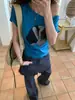 Estilo Nuevo de Verano Retro Holgado Estampado de Personajes Hombros Descubiertos con Hombro Diagonal Mangas Cortas y Camiseta de Letras