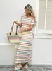 Vestido largo de rayas de manga corta para mujer, vestido de verano holgado estilo vacacional, vestido casual de playa transfronterizo europeo y americano