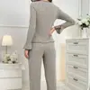 2025 Nuevo Conjunto Casual de Dos Piezas para Mujer Estilo Europeo y Americano Transfronterizo con Corbata de Lazo, Solapa, Manga Larga y Pantalones Largos para Estar en Casa