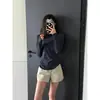 Top minimalista de manga larga azul marino con protección solar para mujer para primavera, verano y otoño, corte ajustado, versátil, adecuado para ir al trabajo, camiseta base fina