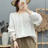 Camisa de Manga Larga con Cuello de Encaje para Mujer, Estilo Artístico Vintage Francés, Fruncida, Algodón Puro Suave, Top de Gasa de Algodón de Doble Capa