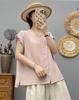 Blusa Feminina Casual Versátil de Gaze de Algodão Dupla Camada Cor Lisa com Gola de Renda Literária Manga Curta Soltinha 66137