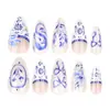 Estilo Chino Azul y Blanco Manicura Francesa Uñas Postizas Lazo Flor Almendra Uñas Patrón Serpiente Moda Comercio Exterior Esmalte de Uñas al por Mayor