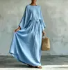 Vestido casual de algodón y lino con cinturón, estilo nuevo transfronterizo europeo y americano 2026, vestido de vacaciones de manga ancha, corte holgado, largo hasta el suelo
