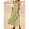Estação Independente da Amazon wish2023 Verão Europeu e Americano Comércio Exterior Bolso Sem Mangas Gola Redonda Vestido Feminino de Algodão e Linho