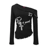 Top Sexy de Manga Longa Off-Shoulder Estilo Americano Retro Asiático com Estampa Cruzada Primavera Novo Slim-Fit Hot Girl