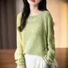 Coleção Nova Primavera 2026: Blusa de Tricô 100% Algodão Feminina, Manga Longa, Cor Sólida, Design Vazado, Caimento Solto, Peça Básica para Camadas