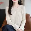 Suéter de tricô com trama de cabos e gola redonda em renda para mulheres, blusa de manga longa com lantejoulas e decote solto, efeito emagrecedor, adequado para sobreposição na primavera e no outono
