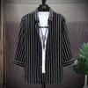 Camisa Masculina Casual Camisa de Manga Curta Masculina Listrada Adolescentes Camisa de Sete Mangas Masculina Verão Roupas de Comércio Exterior