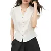 Camisa de Verano Nueva para Mujer con Diseño de Cintura Elástica, Corte Ajustado, Mangas Acampanadas, Blanca sin Mangas de Estilo Regular, Tipo que Ceñe la Cintura