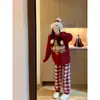 Conjunto Feminino Outono/Inverno Gola Redonda Estampa de Urso Doce Fofo Casual Com Pelúcia Quente Roupa de Casa Comércio Exterior Transfronteiriço