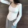 Blusa Quadrada para Mulheres, Camisa Branca de Base, Novo Estilo Primavera, Outono e Inverno 2026, Elegante Manga Longa Decote Baixo