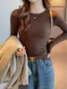 Camiseta Base de Manga Larga Modal Acanalado Cuello Redondo Pequeño para Mujer Colores Sólidos Estilo Básico Adelgazante Estilo Coreano Otoño e Invierno