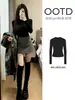 Camiseta interior negra de cuello redondo, nueva colección de otoño para mujer, falda midi elegante de mezcla de lana, conjunto de estilo coreano, conjunto completo
