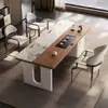 Mesa de chá e cadeiras de ardósia, conjunto de mesa de jantar para apartamento pequeno, mesa de chá de peça dupla de madeira maciça minimalista moderna para sala de estar e escritório integrados