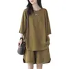 261 #100.00kg traje de talla grande para mujer Verano Nuevo Top de manga corta Holgado Retro Casual Shorts Conjunto de dos piezas para mujer