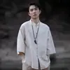 Camisa de lino estilo chino con cuello mao y manga tres cuartos para hombre, nueva blusa holgada vintage de algodón y lino estilo chino, camisa Tang mejorada