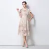 Vestido de Moda de Gama Alta de Manga Corta para Mujer, Nuevo Estilo Francés, Encaje de Ganchillo Hueco de Alta Resistencia, Elegante Vestido Largo que Ceñe la Cintura