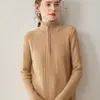 Novo suéter de cashmere outono e inverno para mulheres, gola alta com zíper parcial, suéter base de malha trançada grossa solta, top, tricô