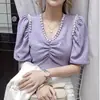 Verano Nueva Moda Versátil Holgado Adelgazante Manga Corta Burbuja Cuello en V Bordado en Relieve Versátil Chifón Camisa Top Mujer