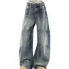 Jeans retro americanos para hombre con estampado de bambú y pierna curva, pantalones de otoño con vibra high-street, pierna recta lavada, ligeramente acampanados, pantalones de pierna ancha