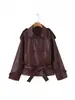 Otoño Transfronterizo Europeo y Americano Comercio Exterior Ropa de Mujer al por Mayor Moda Solapa Hombrera Diseño de Doble Botonadura Cinturón Chaqueta Abrigo de Cuero PU