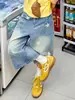 Shorts de Mezclilla Cortos Rectos Estampado de Estrellas Estilo Americano Transfronterizos, Nuevos Shorts de Verano de Cintura Alta Sueltos de Pierna Ancha Modernos