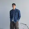 Camisa de Mezclilla Estilo Americano para Hombre Doble Bolsillo Ropa de Trabajo Manga Larga Cárdigan Lavado Vintage Duradero Camisa Chaqueta Deportiva para Exteriores