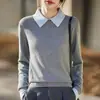 Nuevo top de punto de manga larga con cuello tipo polo, imitación de dos piezas, para mujer, elegante y de corte holgado, adecuado para primavera y otoño, y también un suéter para otoño e invierno