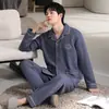 Pijama de Hombre de Algodón Cálido Espeso de Invierno con Mangas Largas y Pantalones Largos, Cuello Solapa, Conjunto Simple Casual Cómodo para Casa
