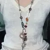 Collar Largo con Borlas Estilo Étnico Retro con Diseño Floral, Diseño Único, Flores Pequeñas Marrones, Cadena para Suéter con Cuentas Multielementos