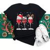 Copas de Vino Sombreros de Navidad Camiseta Negra para Mujer Regalo de Navidad