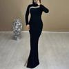 Vestido Bandagem de Manga Longa Vazado em Malha Pesada de Novo Estilo de Luxo Europeu e Americano Transfronteiriço com Incrustação de Diamantes em Forma de Cobra