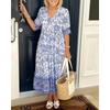 Transfronteiriço Amazon Novo tamanho grande Vestido floral com decote em V Vestido de praia para férias à beira-mar Vestido longo solto que combina com tudo
