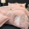 Conjunto de quatro peças de bordado em algodão puro, capa de edredom e fronhas bordadas 100% algodão, adequado para todas as estações, lavável à máquina, cama de casal, roupa de cama para casa
