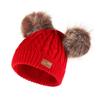 Sombrero de Lana Grueso para Niños de Otoño e Invierno Orejas Doble Pompon de Piel Cálido Protección para las Orejas Set de Sombrero Tejido con Etiqueta Sombrero de Color Puro