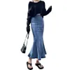 Falda Denim Azul Vaina para Mujer Verano Cintura Alta Adelgazante Elástica Combinable Diseño Delgado Abertura Falda Cola de Pescado