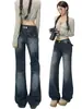 Jeans estilo retrô americano com fivela Paris, cintura baixa, levemente flare, calça flare stretch nova outono e inverno 2026