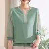 Blusa de Tricô Fina de Primavera da Mamãe com Mangas Três Quartos, Camiseta Respirável para Mulheres de Meia-Idade e Idosas, Roupa para Primavera e Verão