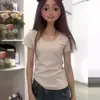 Uma geração de flor branca cinza de cabelo gola U clavícula camiseta feminina verão retrô americano simples básico ombro manga curta top