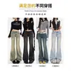 Pantalones Acampanados Negros y Grises No Ajustados para Mujer, Nuevo Estilo Otoño e Invierno 2025, Talla Petite, Jeans Acampanados Retro Americanos Color Gris Ahumado