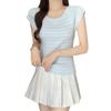 Diseño Lazo Bordado Rayado Seda de Hielo Tejido Camiseta de Manga Corta para Mujer Verano 2024 Nuevo Ajustado Camisa Pequeña Top