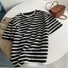 Camiseta listrada de renda de algodão de manga curta feminina estilo coreano simples solto gola redonda pulôver versátil listrado top camisa de assentamento