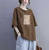 Excedente de Stock de Comercio Exterior Transfronterizo, Marca Grande, Etiqueta Cortada, Corte Holgado, Manga Corta Adelgazante, Camiseta Casual Simple de Cuello Redondo para Madres de Mediana Edad