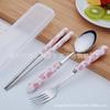 Palillos de acero inoxidable para el hogar con mango de cerámica y diseño de leche, cuchara, tenedor, regalo, vajilla portátil de tres piezas para exteriores