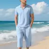 Amazon Verano Hombres Playa Holgado Lino CAMISA POLO Conjunto de 2 Piezas Pantalones de Siete Puntos Conjunto Casual de Lino